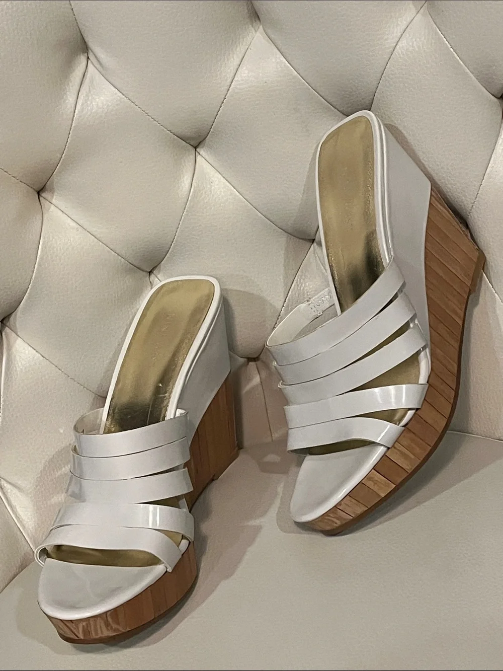 New Nine West White Multi-Strap Platform Wedge Slides